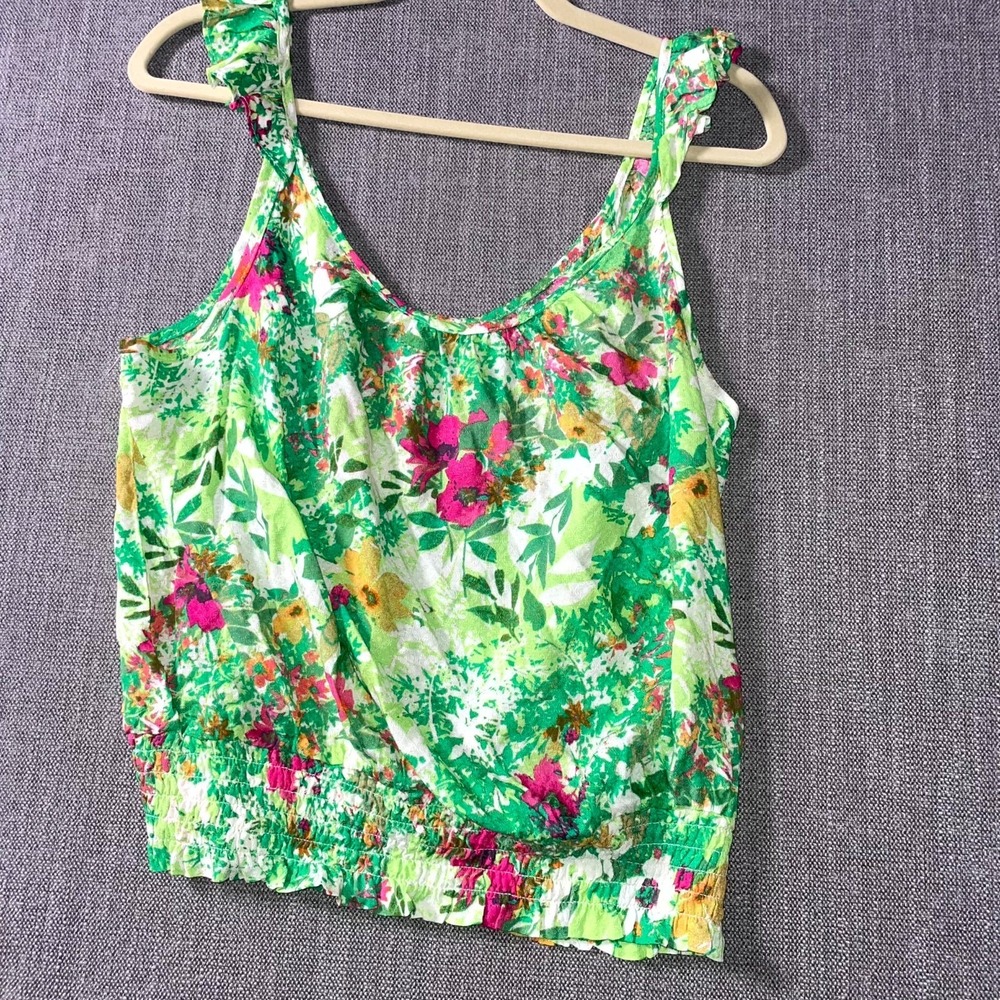 Rose + Olive Tank Top Womens Large Multicolor Floral Print Cinched Ruffle Strap